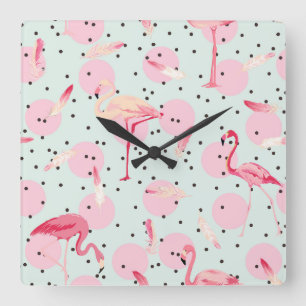 Flamingo Feathers On Polka Dots Square Wall Clock