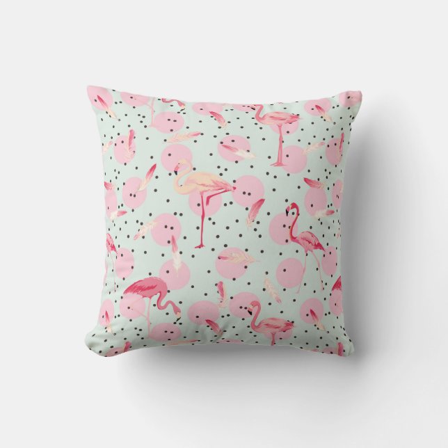 Flamingo Feathers On Polka Dots Throw Pillow (Front)