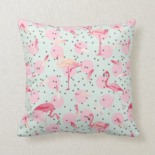 Flamingo Feathers On Polka Dots Throw Pillow
