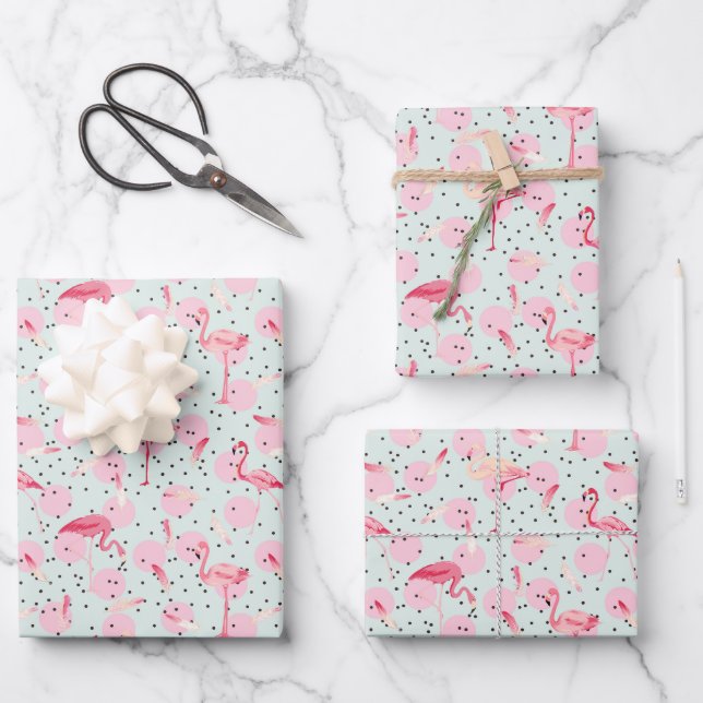 Flamingo Feathers On Polka Dots Wrapping Paper Sheets (Front)