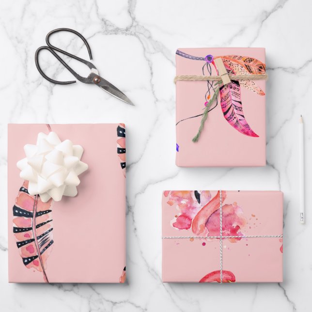 Flamingo & feathers wrapping paper set of 3 (Front)
