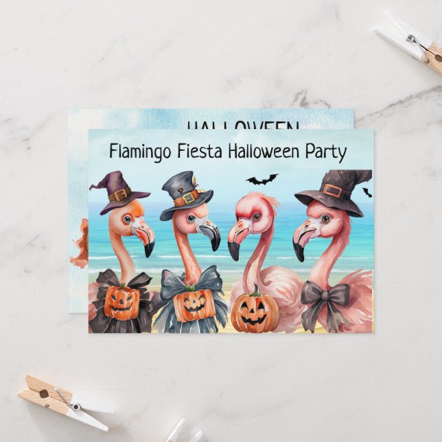 Flamingo Fiesta Halloween Party Invitation (Front/Back In Situ)