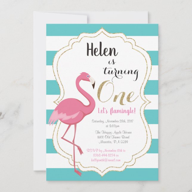 Flamingo First Birthday Invitation Girl (Front)