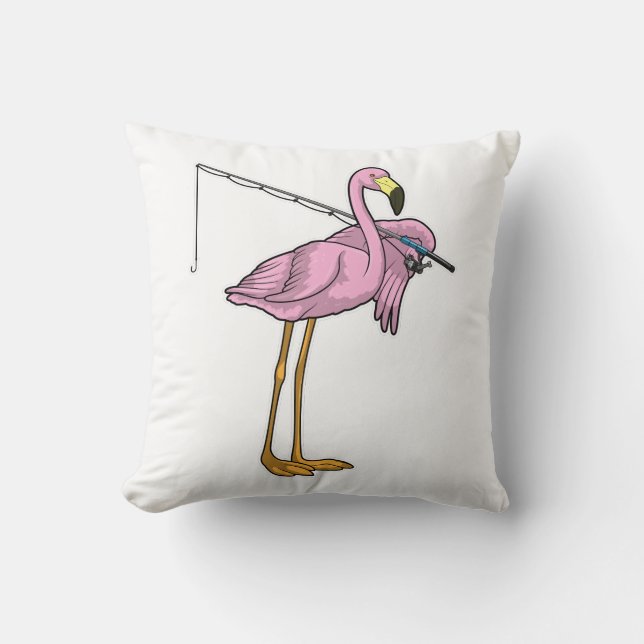 Flamingo Fishing Fisher Fishing rod Throw Pillow (Front)