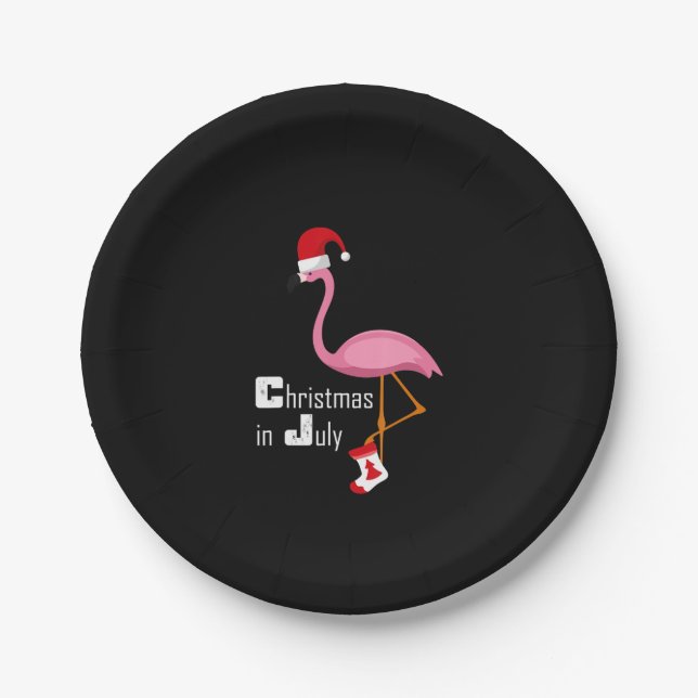 Flamingo | Flamingo Christmas In July Funny Party Paper Plates (Front)