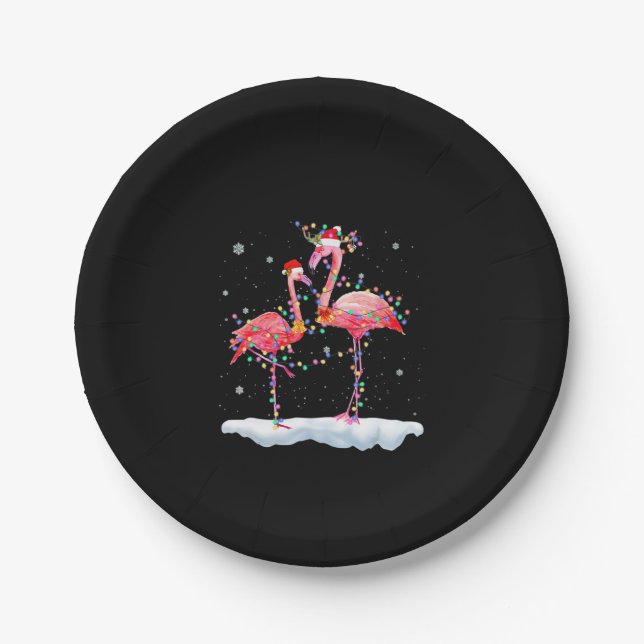 Flamingo | Flamingo Christmas Tree Santa Hat Xmas Paper Plates (Front)