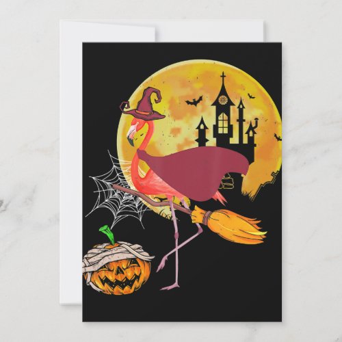 Flamingo  Flamingo Riding Broom Pumpkin Halloween Holiday Card