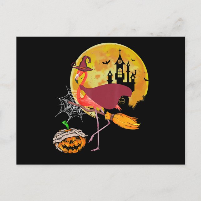 Flamingo | Flamingo Riding Broom Pumpkin Halloween Postcard (Front)