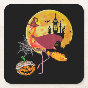 Flamingo Flamingo Riding Broom Pumpkin Halloween Square Paper Coaster