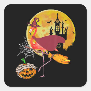 Flamingo Flamingo Riding Broom Pumpkin Halloween Square Sticker