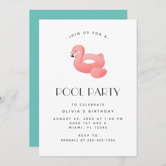 Flamingo Float Pool Party Birthday Invitation (Front/Back)