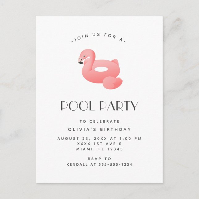 Flamingo Float Pool Party Birthday Invitation Postcard (Front)