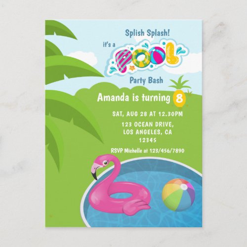 Flamingo Floatie Pool Birthday Party Postcard