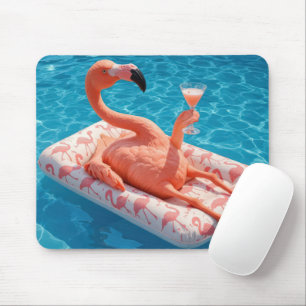 Flamingo Floating With a Cocktail In a Pool Mouse Pad