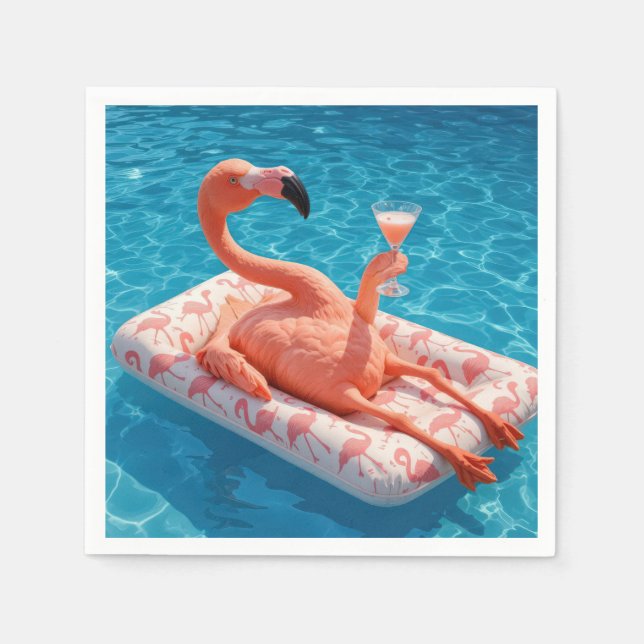 Flamingo Floating With a Cocktail In a Pool Napkins (Front)
