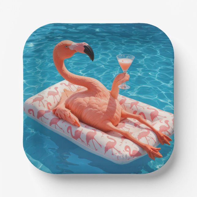 Flamingo Floating With a Cocktail In a Pool Paper Plates (Front)