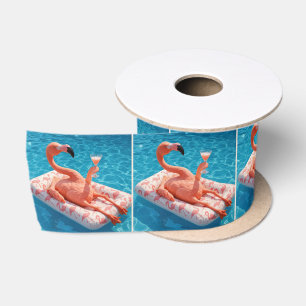 Flamingo Floating With a Cocktail In a Pool Satin Ribbon