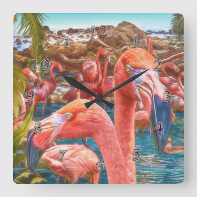 FLAMINGO FLOCK ISLANDERS SQUARE WALL CLOCK (Front)