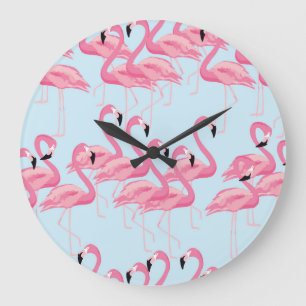 Flamingo Flock: Tropical Vintage Print Large Clock