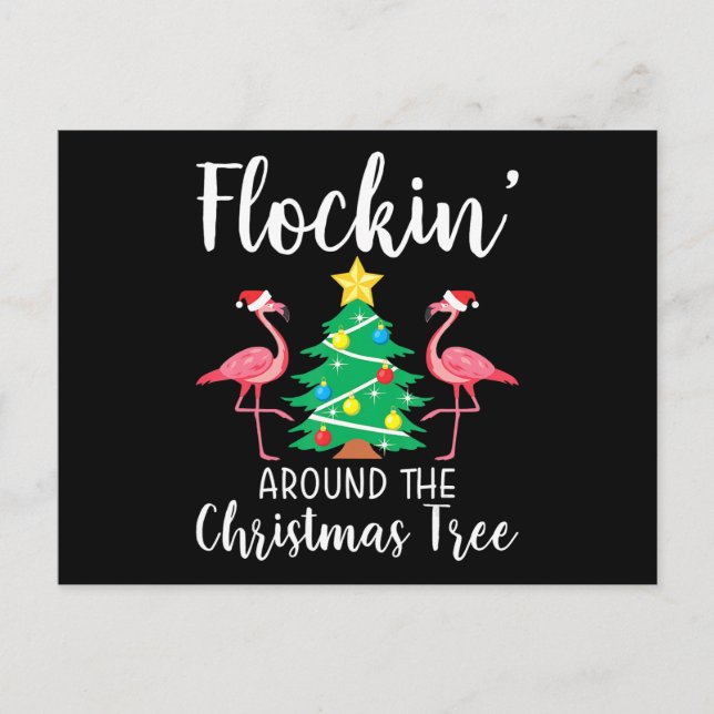 Flamingo | Flockin Around Christmas Tree Flamingo Invitation Postcard (Front)