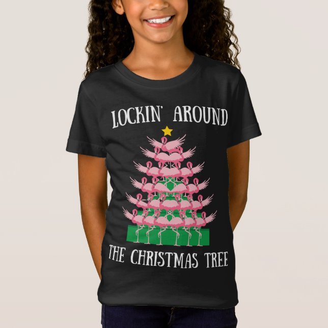 Flamingo Flocking Around The Christmas Tree Lights T-Shirt (Front)