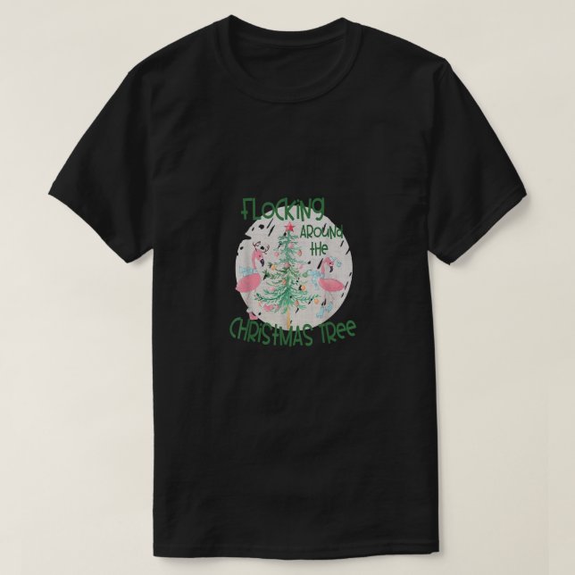 Flamingo Flocking Around The Christmas Tree Lights T-Shirt (Design Front)