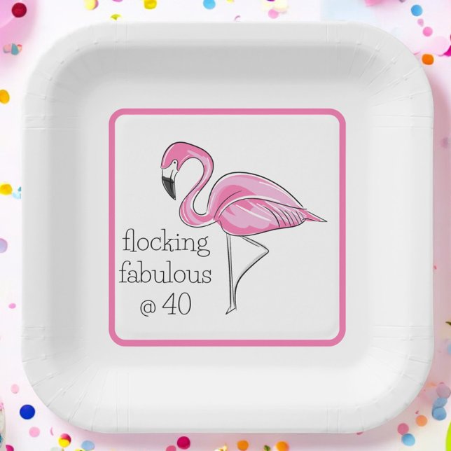 Flamingo Flocking Fabulous at Forty Border Party Paper Plates (Creator Uploaded)