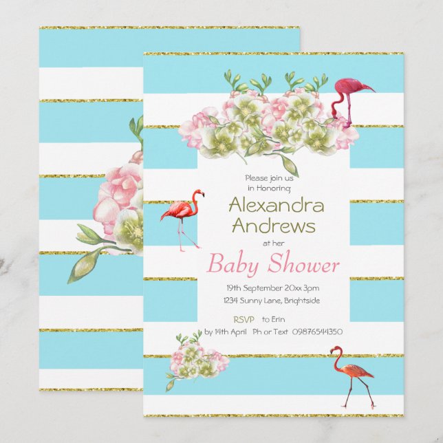 Flamingo Floral Blue Stripe Baby Shower Invitation (Front/Back)
