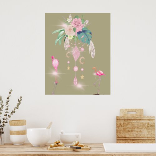 Flamingo Floral Jewels Pink Pretty Sage Poster