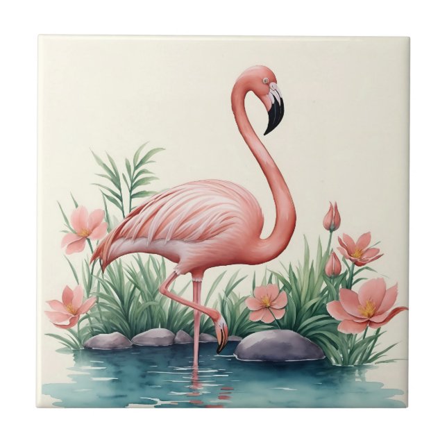 Flamingo Floral Pink Bird Ceramic Tile (Front)