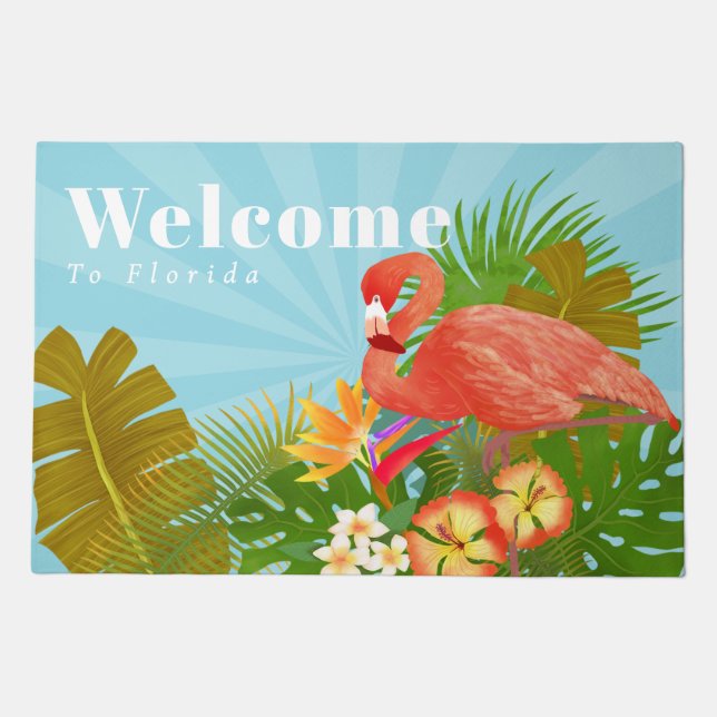 Flamingo Florida Welcome Blue Door Mat (Front)