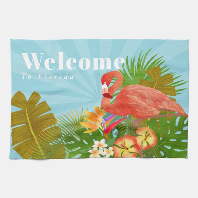 Flamingo Florida Welcome Blue Kitchen Towel (Horizontal)