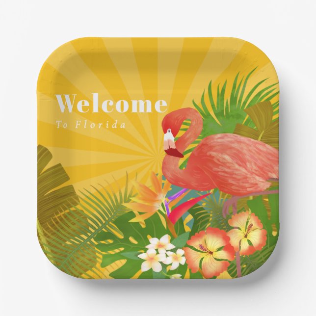 Flamingo Florida Welcome Yellow Orange Paper Plates (Front)
