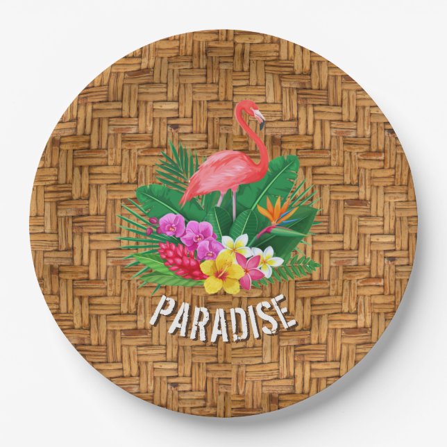 Flamingo Flowers on Wicker Pattern Paper Plates (Front)