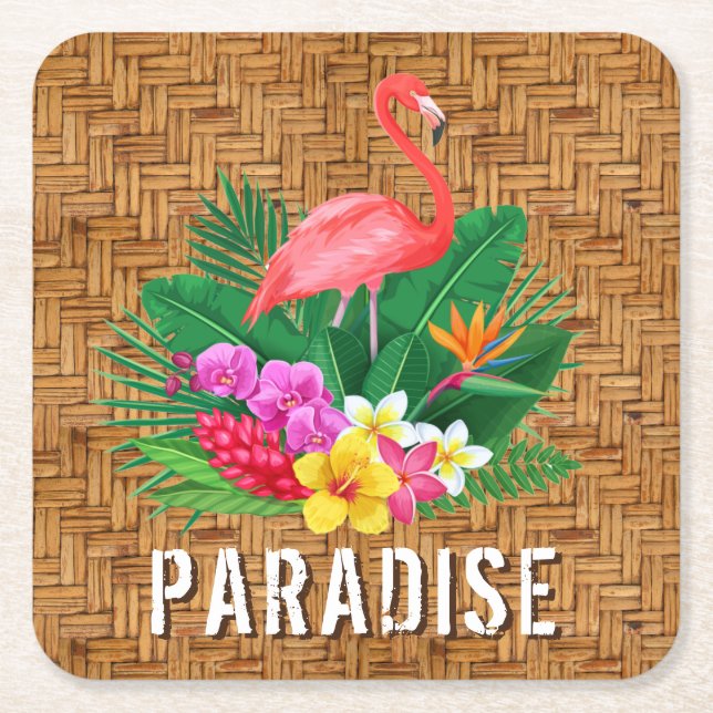 Flamingo Flowers on Wicker Pattern Square Paper Coaster (Front)