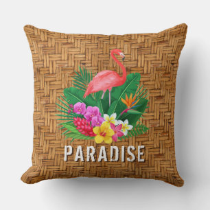 Flamingo Flowers on Wicker Pattern Throw Pillow