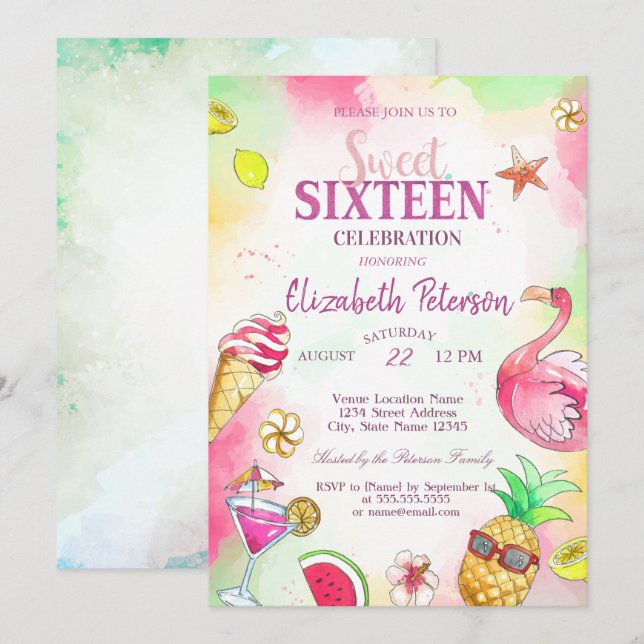 Flamingo Fruits Summer Pool  Sweet 16 Party Invitation (Front/Back)