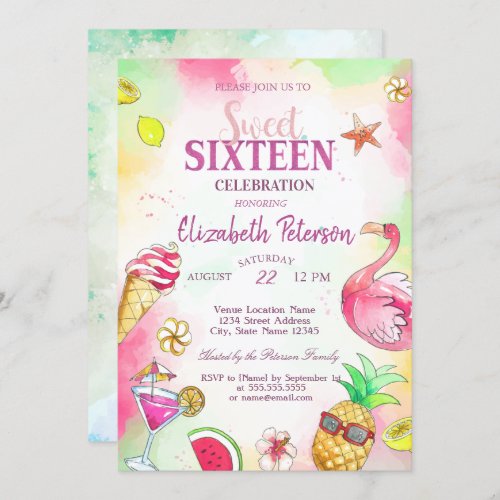 Flamingo Fruits Summer Pool  Sweet 16 Party Invitation