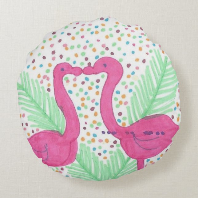 Flamingo Fun Tropical Pattern Round Pillow (Back)