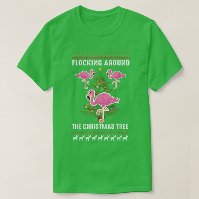 Flamingo Funny Christmas Tree  T-Shirt (Design Front)