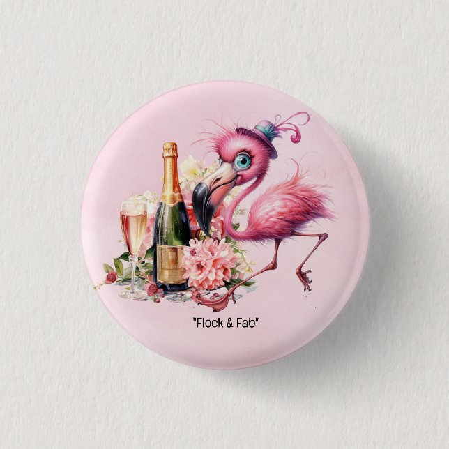 Flamingo Funny Face with Champagne for party  Button (Front)