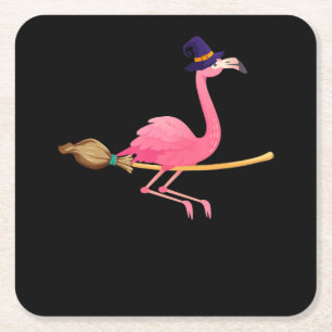 Flamingo Funny Flamingo Witch Halloween Square Paper Coaster