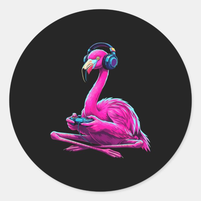 Flamingo Gaming Animal Video Games Funny Flamingo  Classic Round Sticker (Front)