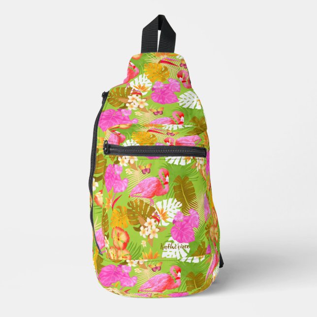 Flamingo Garden Bright Green Sling Bag (Front)