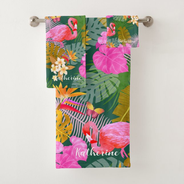 Flamingo Garden Dark Green Bath Towel Set (Insitu)