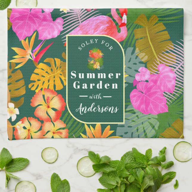 Flamingo Garden Dark Green Kitchen Towel (Folded)