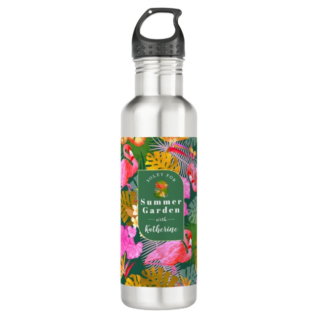 Flamingo Garden Dark Green Stainless Steel Water Bottle (Front)