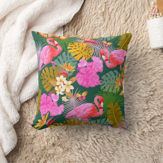 Flamingo Garden Dark Green Throw Pillow (Blanket)