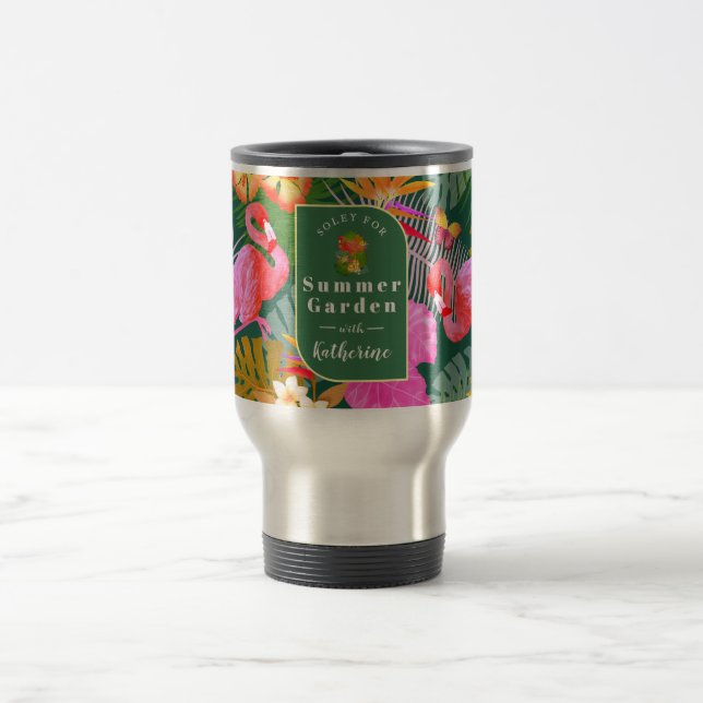Flamingo Garden Dark Green Travel Mug (Center)