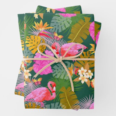 Flamingo Garden Dark Green Wrapping Paper Sheets